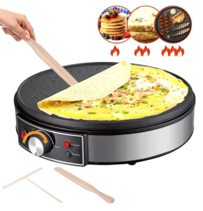 Máquina eléctrica para hacer crepes y tortitas, con plancha antiadherente y esparcidor de masa, 1000W.